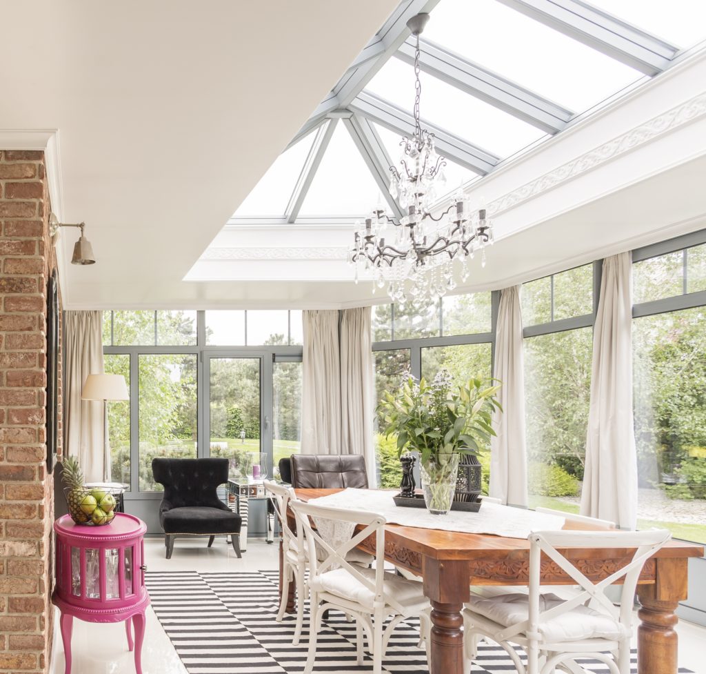korniche lantern roof in a conservatory extension as a dining area