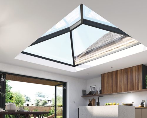 Korniche lantern roof in a new extension with bifold doors.